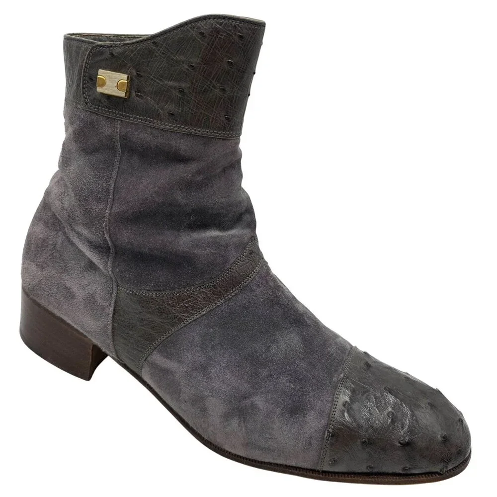 Vintage Mauri Exotic Ostrich and Suede Gray Dress Shoes Mens 8.5 Ankle Zip Boots - Picture 16 of 16